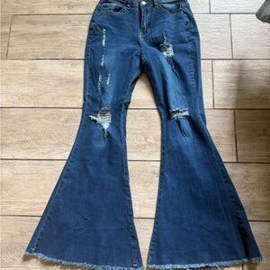 Dark Blue Distressed Flare Jeans - Women